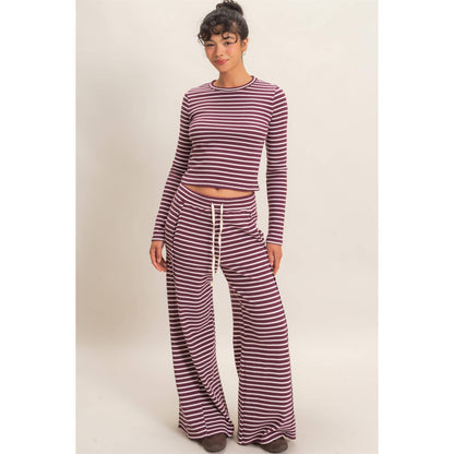 Striped Waffle Long Sleeve Set: DARK CHERRY