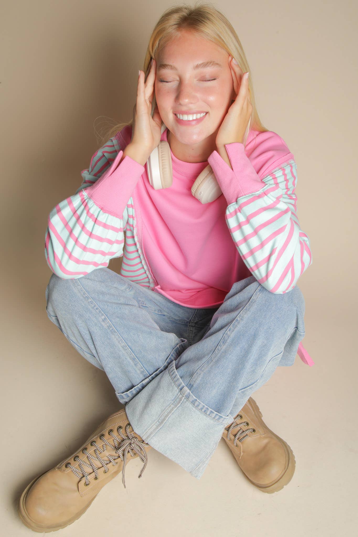 Oversized Striped Casual Knit Top: PINK