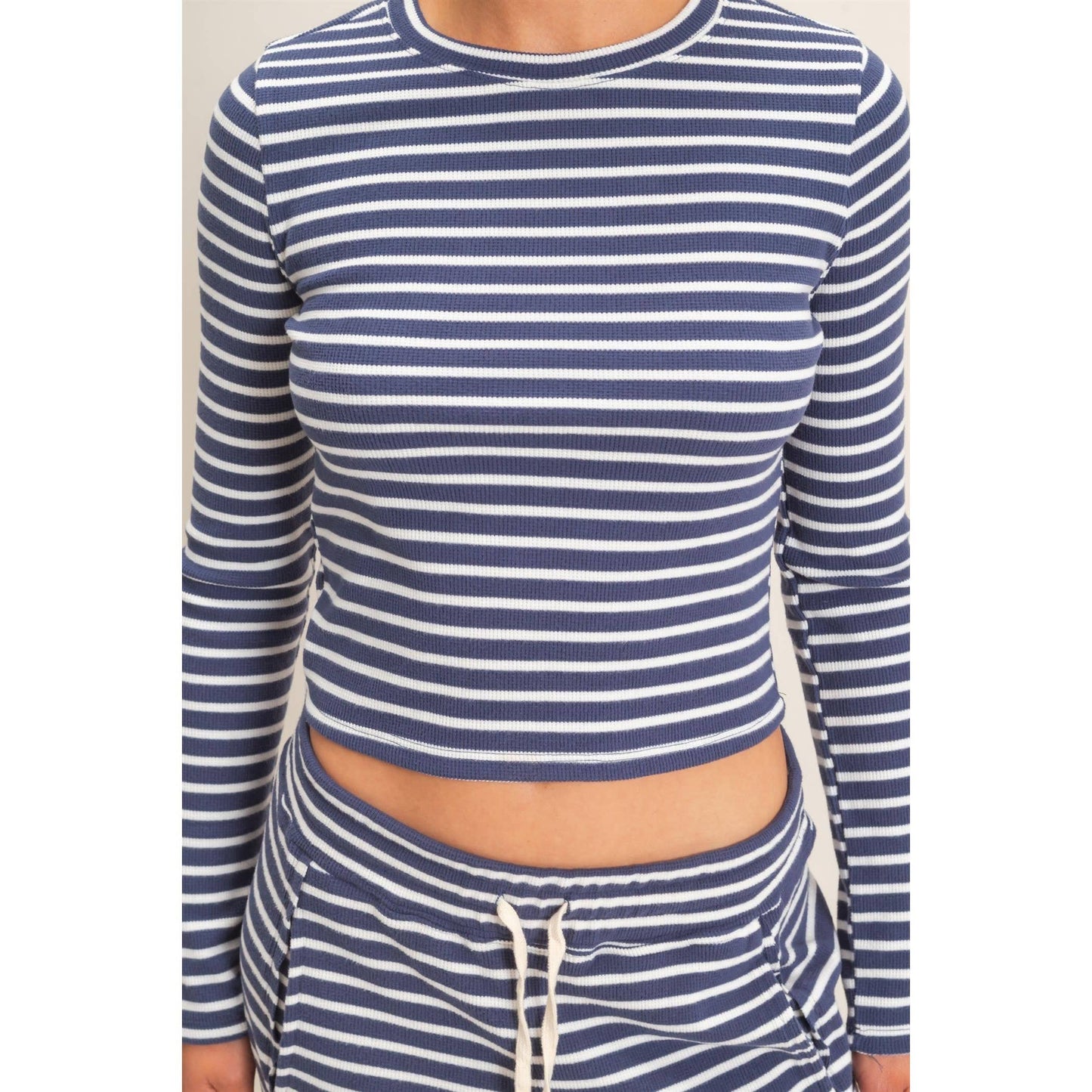 Striped Waffle Long Sleeve Set: NAVY