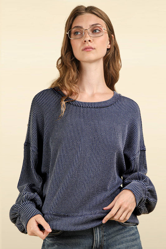 Two Tone Otto Ribbed Oversized Soft Comfy knit Top: DENIM