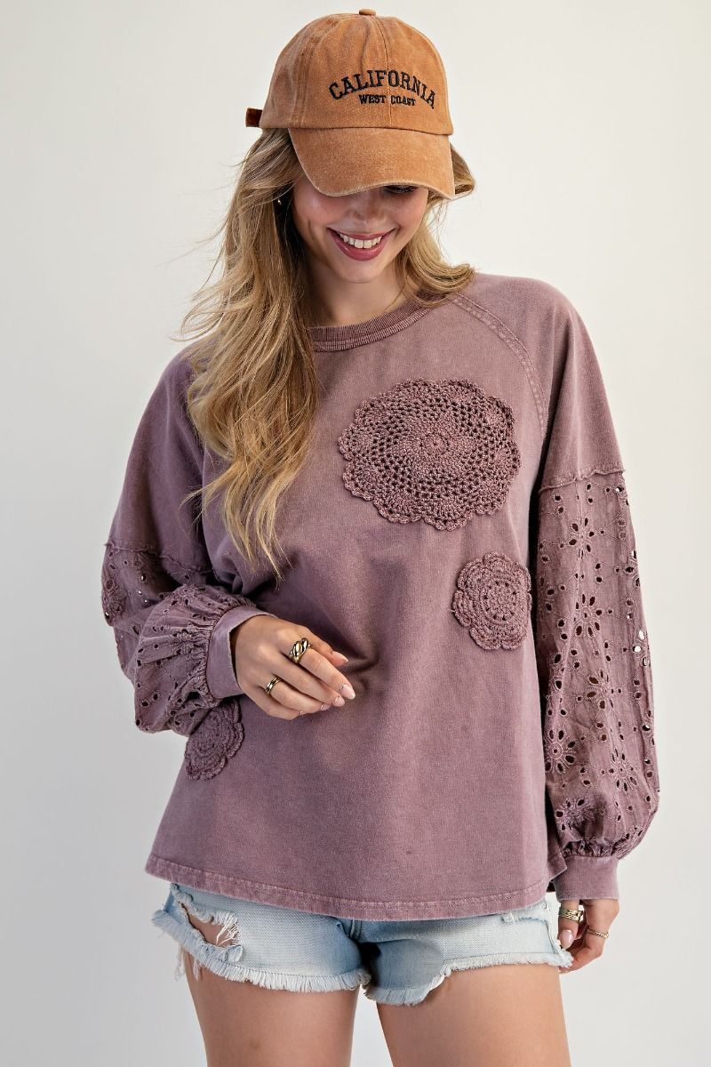 Eyelet Lace Washed Terry Pullover