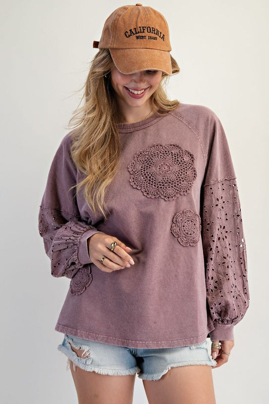 Eyelet Lace Washed Terry Pullover
