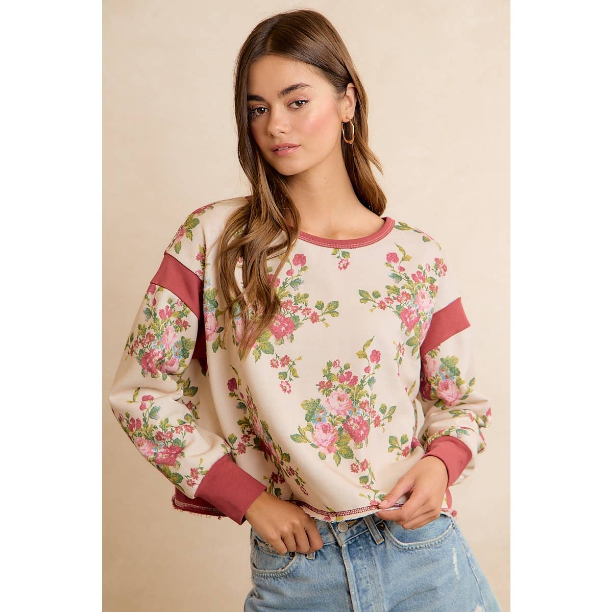FLORAL BRUSHED TERRY OPEN BACK LONG SLEEVES TOP