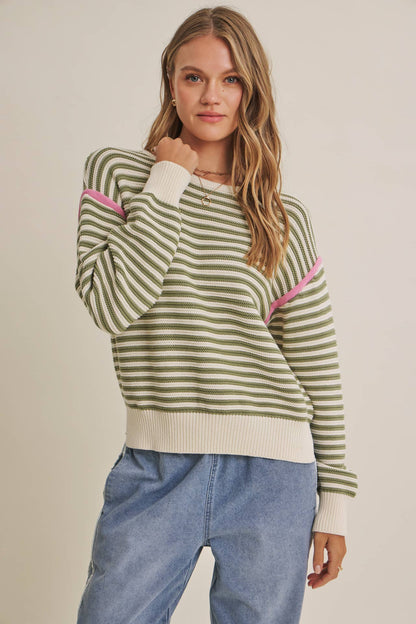 CRISP AIR COTTON SWEATER TOP WITH MODERN POP OF CONTRAST