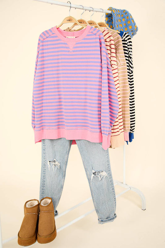 Stripe Comfy Casual Oversized Top: PINK/PURPLE