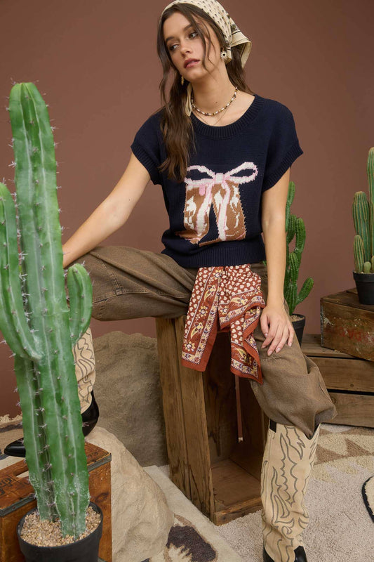 BOOT BOW JAQUARD SHORT SLEEVE KNIT SWEATER