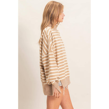 Striped Mock Neck Sweatshirt: TAUPE/CREAM