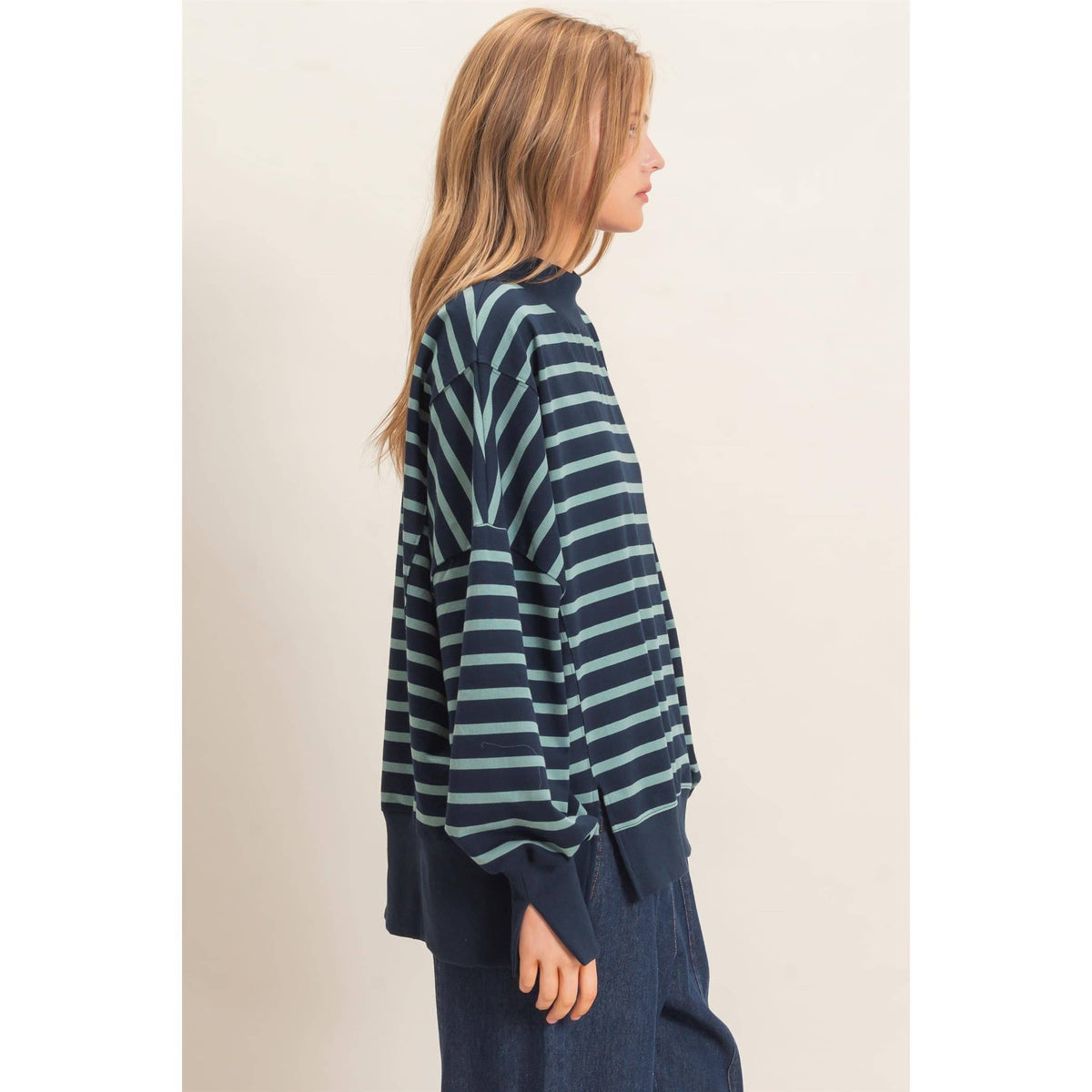 Striped Mock Neck Sweatshirt: NAVY/SAGE