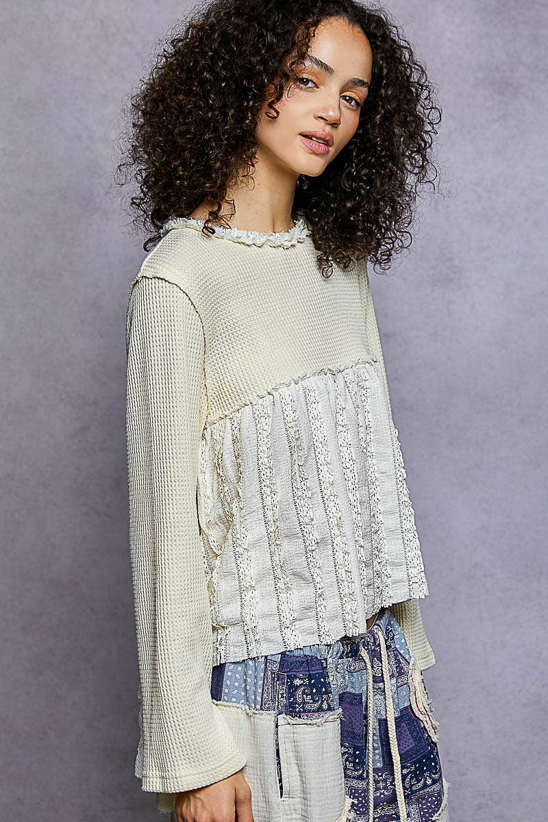 Pol Clothing - Round neck long sleeve with lace ruffle raw edge knit top