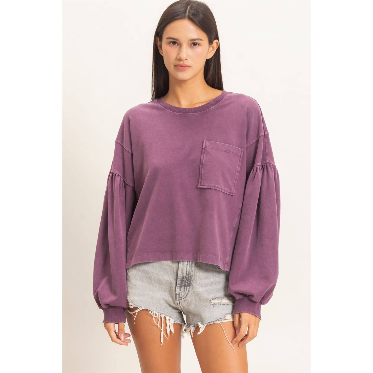 Mineral Wash Puff Long Sleeve Boxy Top: DARK CHERRY