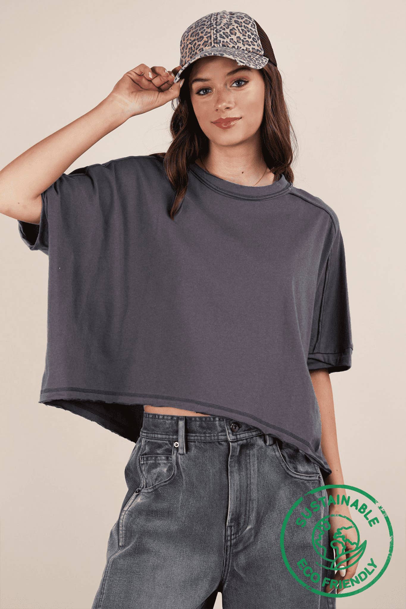 ECO Oversized Crop Comfy Knit Top: CHARCOAL