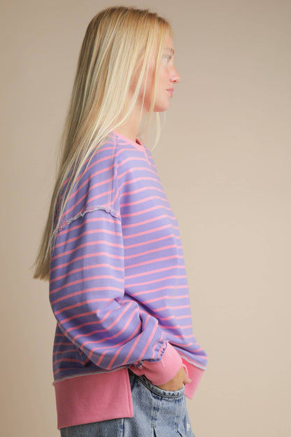 Stripe Comfy Casual Oversized Knit Top: LAVENDER/PINK