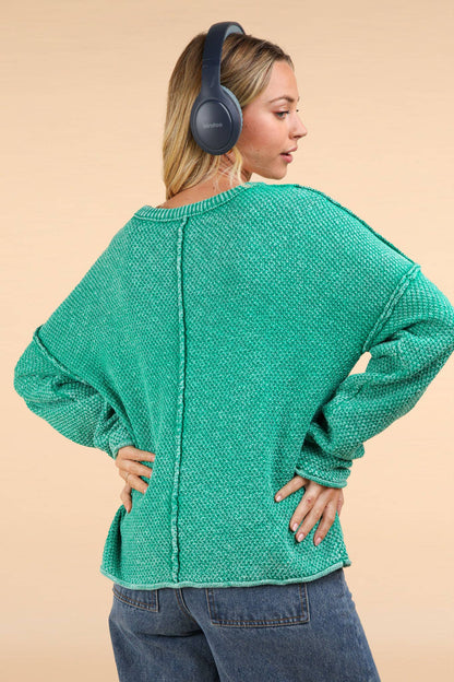 Mineral Washed Knit Oversized Sweater Pullover Top: KELLY GREEN