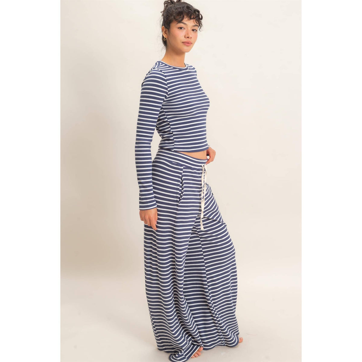 Striped Waffle Long Sleeve Set: NAVY