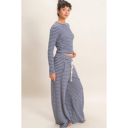 Striped Waffle Long Sleeve Set: NAVY