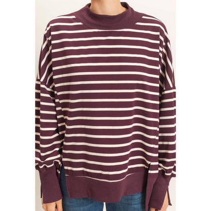 Striped Mock Neck Sweatshirt: RASPBERRY/ECRU