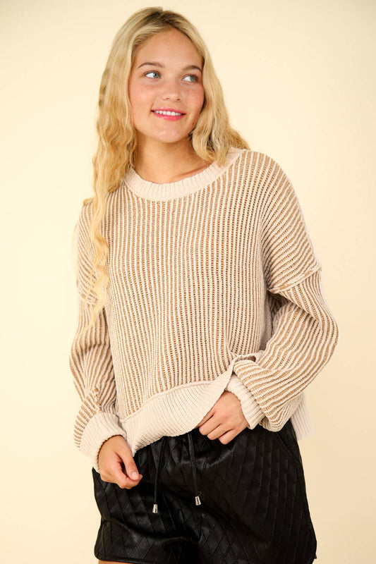 Two Tone Striped Casual Stripe Sweater-Cream