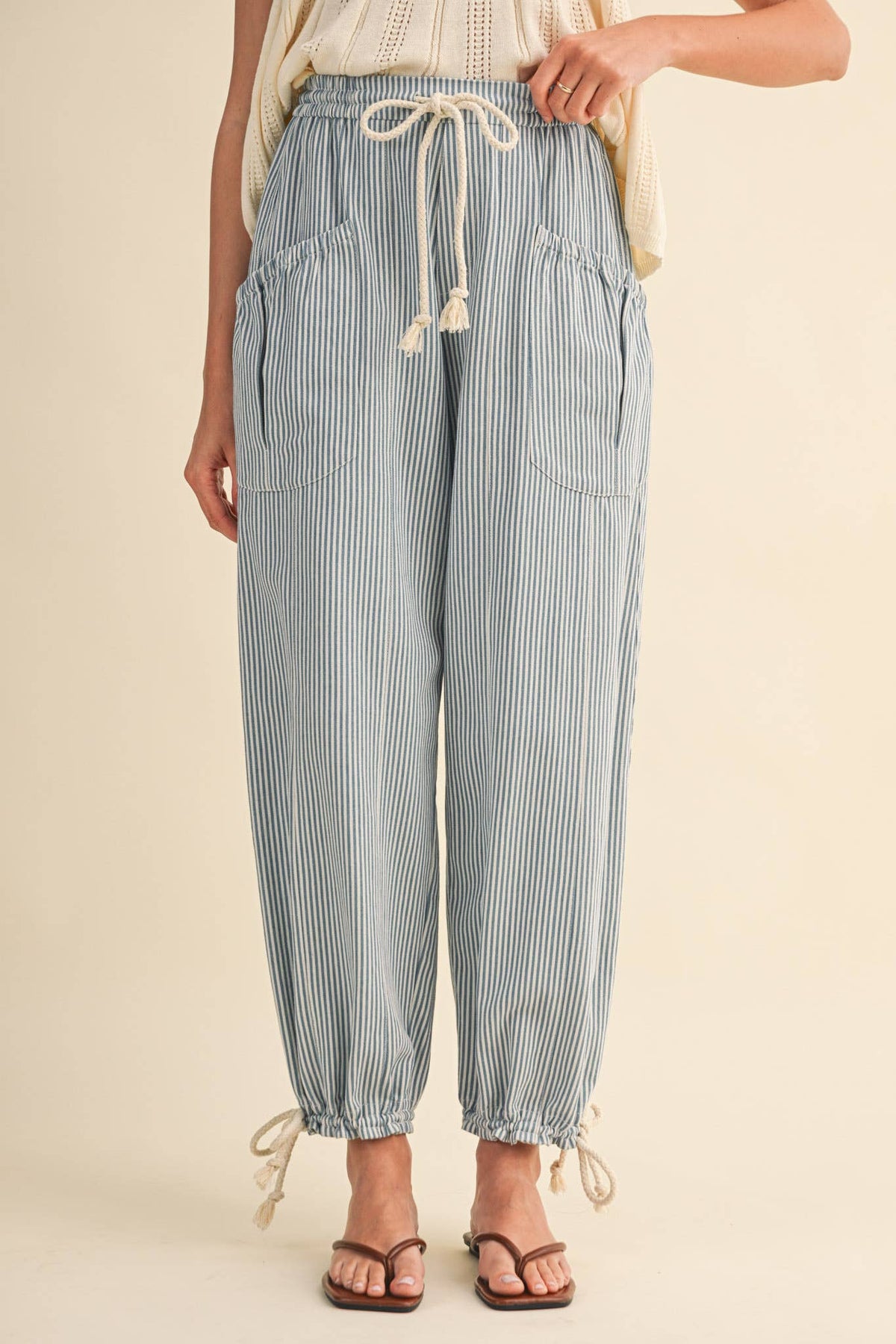 STRIPED PARACHUTE PANTS: DENIM STRIPE