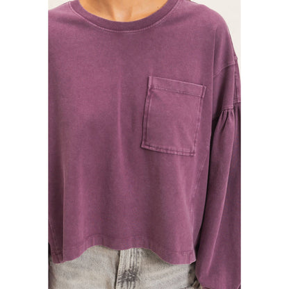 Mineral Wash Puff Long Sleeve Boxy Top: DARK CHERRY