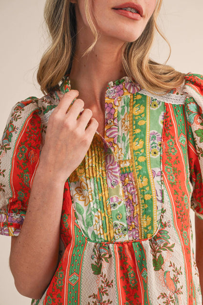 BORDER PRINT PIN TUCK BIB TOP