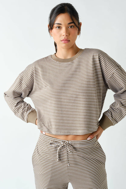 Coastal Striped Crop Top & Pant Set: TRUFFLE/WHITE