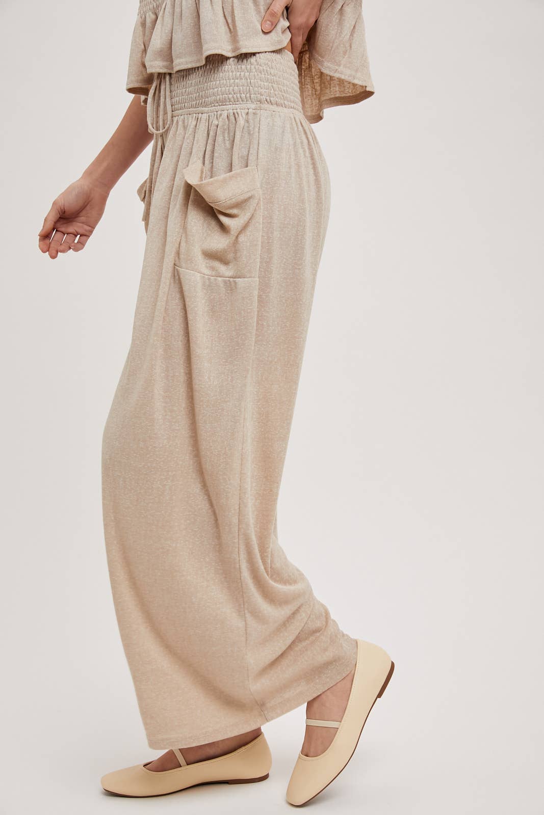 RELAXED KNIT SMOCKED TOP AND WIDE PANTS