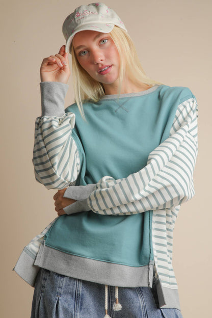 Oversized Striped Casual Knit Top: SAGE