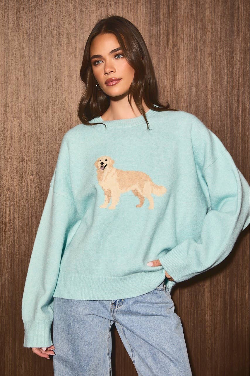 “RETRIEVER DOG" GRAPHIC LONG SLEEVE CREW NECK SWEATER: MINT