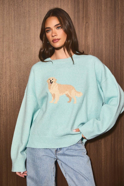 “RETRIEVER DOG" GRAPHIC LONG SLEEVE CREW NECK SWEATER: MINT