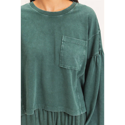 Mineral Wash Puff Long Sleeve Boxy Top: DARK GREEN
