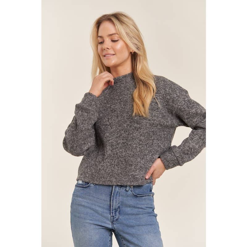 Mock Neck Long Sleeve Brushed Sweater Knit Top: Charcoal