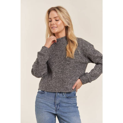 Mock Neck Long Sleeve Brushed Sweater Knit Top: Charcoal