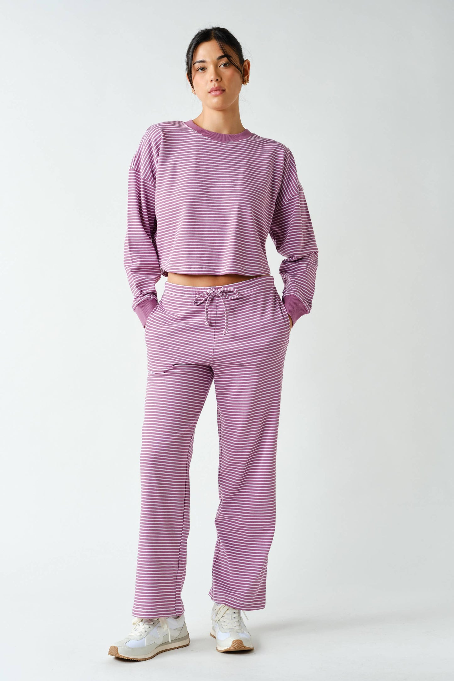 Coastal Striped Crop Top & Pant Set: MULBERRY/WHITE