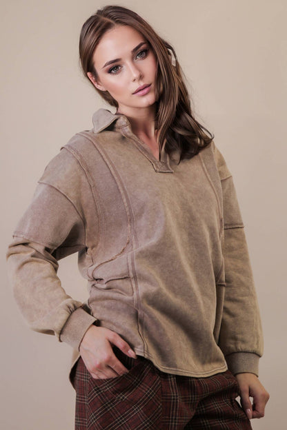 Mineral Washed Oversized French Terry Knit Top: MOCHA