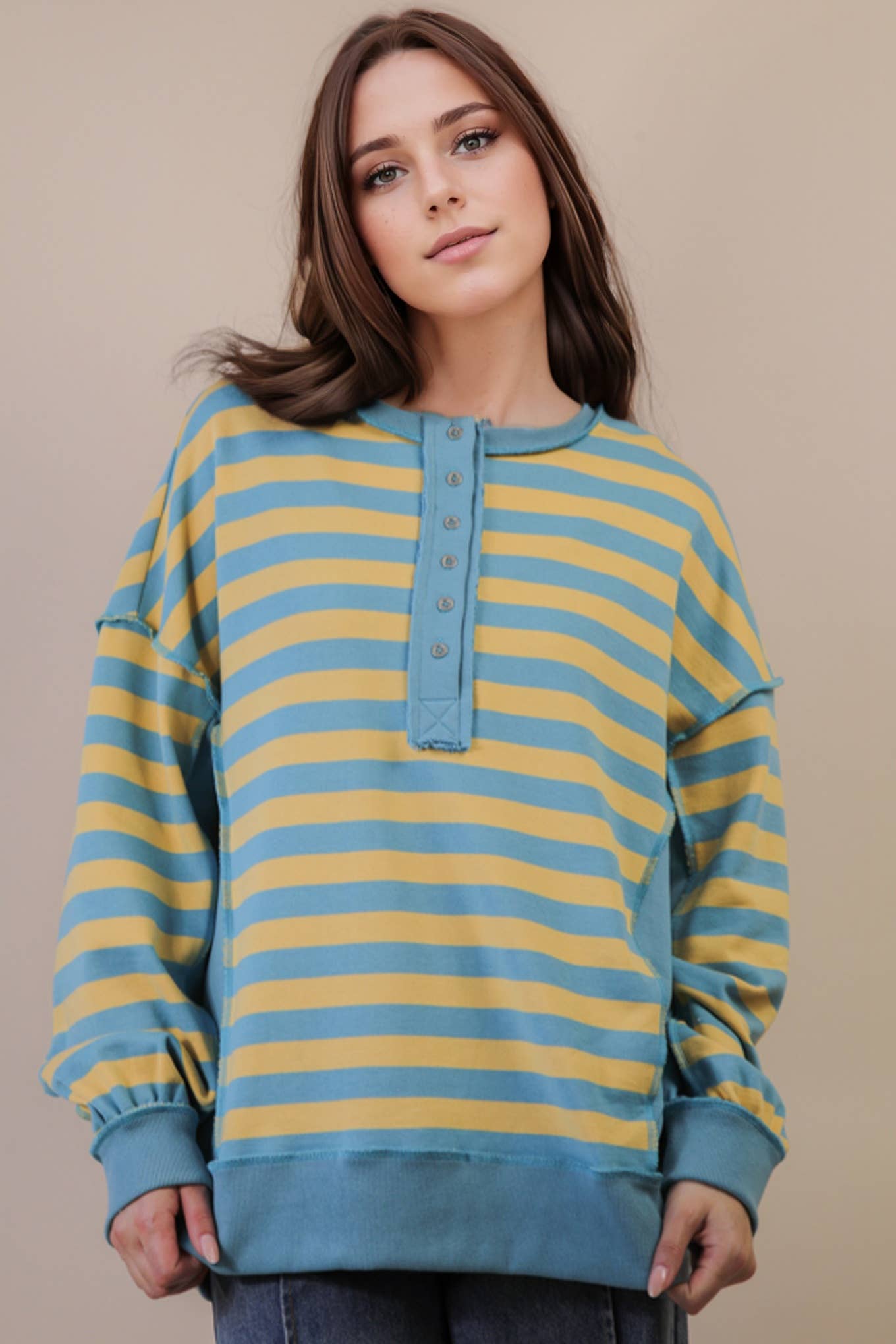 Oversized Striped Half Button Down Casual Knit