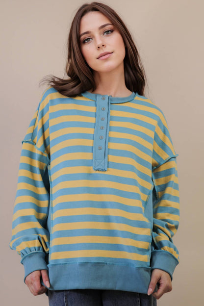 Oversized Striped Half Button Down Casual Knit