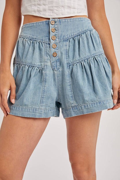 FLUER PLEATED DENIM SHORTS WITH POCKETS: LT.WASH