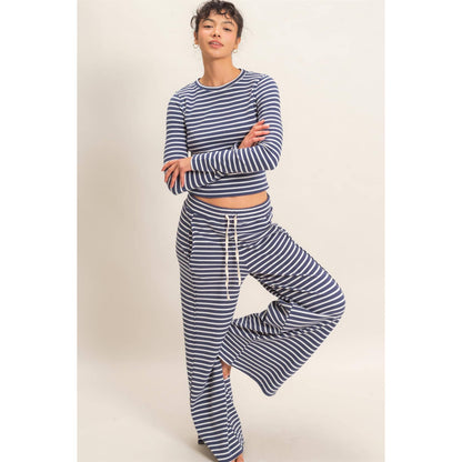 Striped Waffle Long Sleeve Set: NAVY