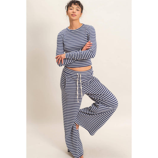 Striped Waffle Long Sleeve Set: NAVY