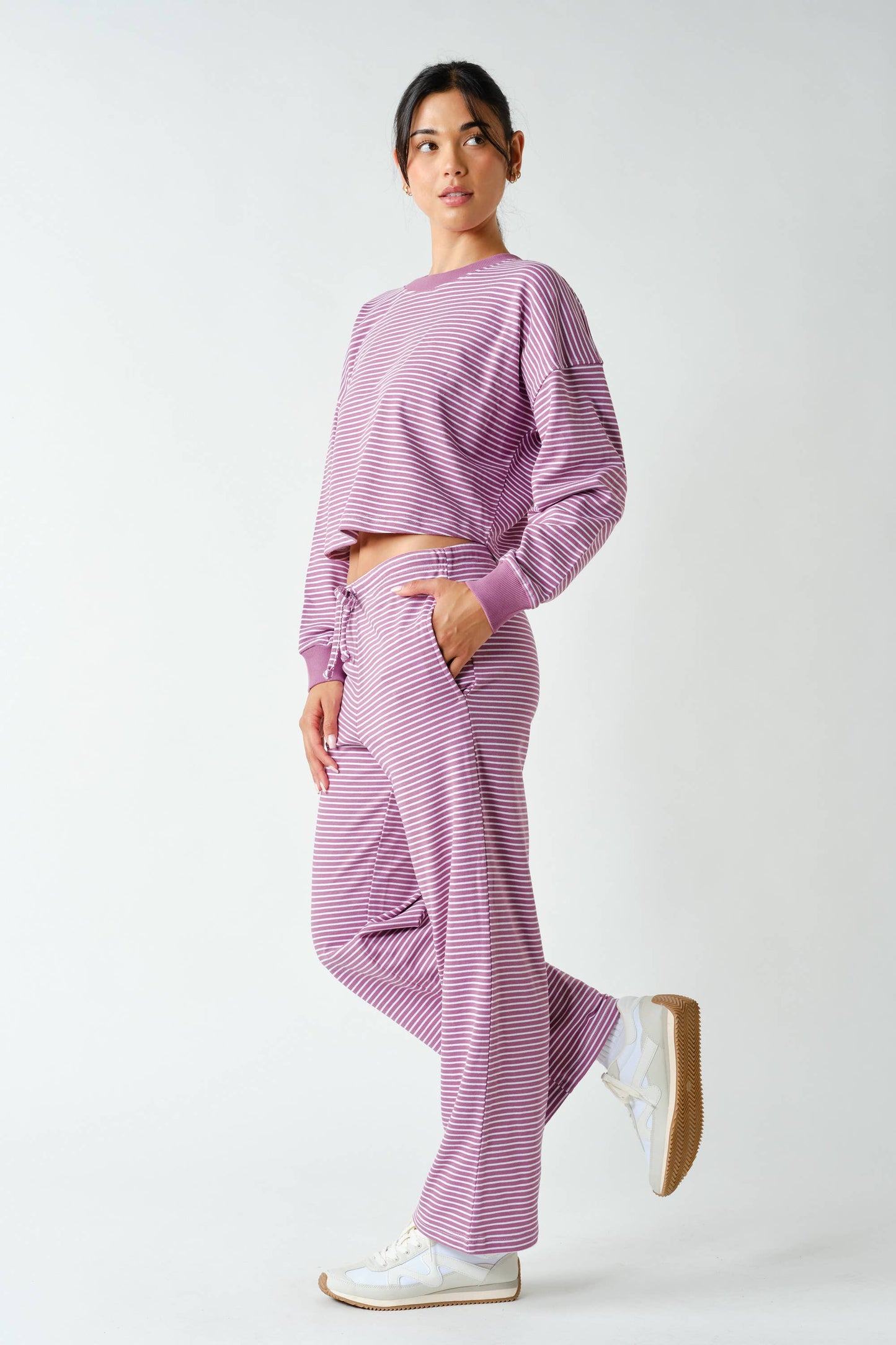 Coastal Striped Crop Top & Pant Set: MULBERRY/WHITE