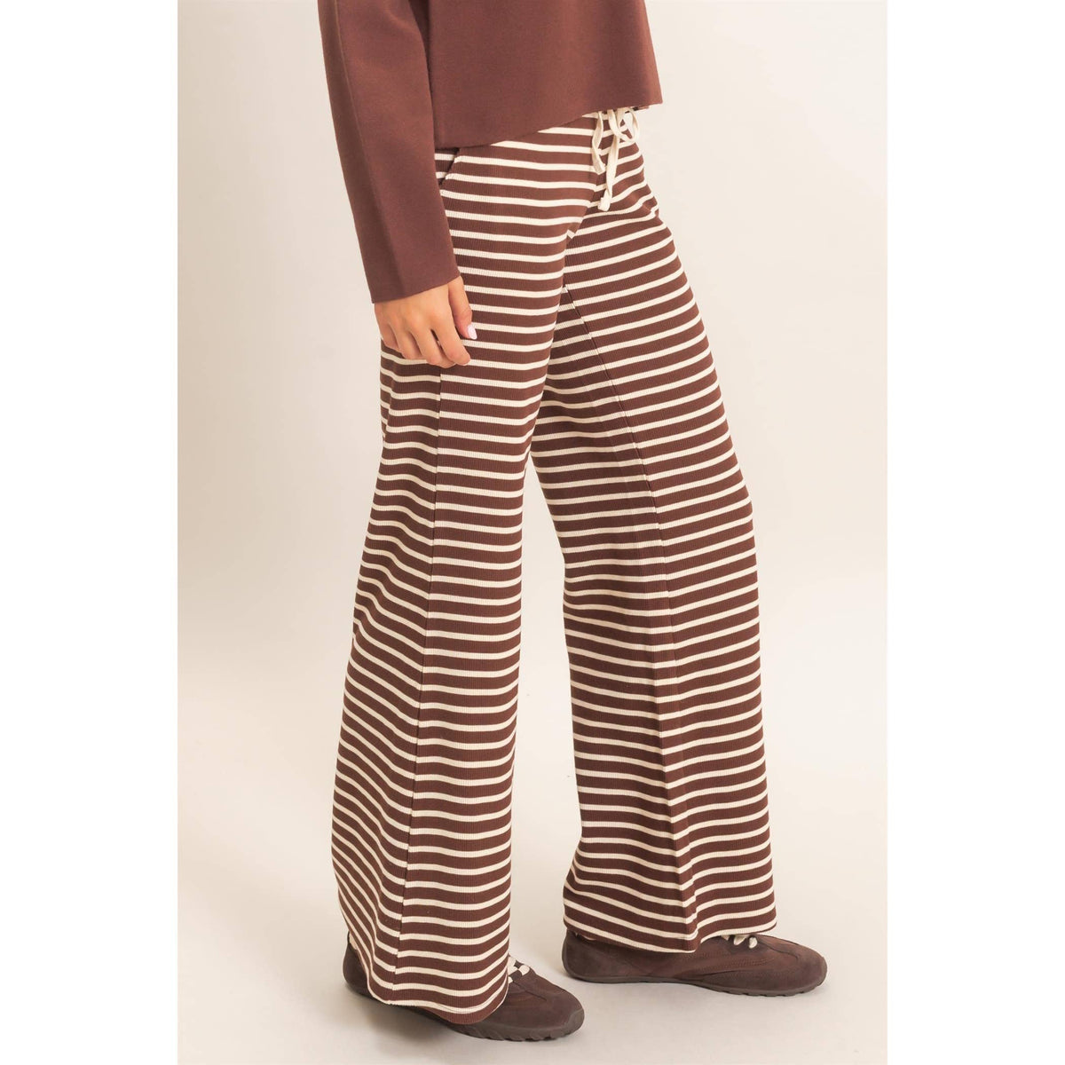 Low Rise Striped Waffle Knit Pants: DARK BROWN