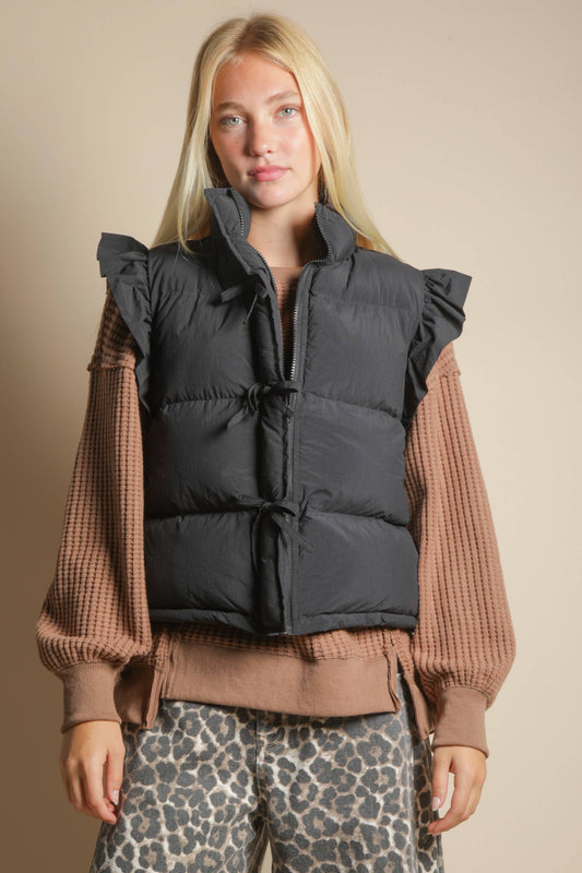 Front Bow Ruffle Sleeve Puffer Vest
