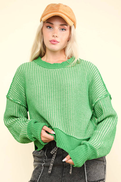 Two Tone Striped Casual Stripe Sweater-Green