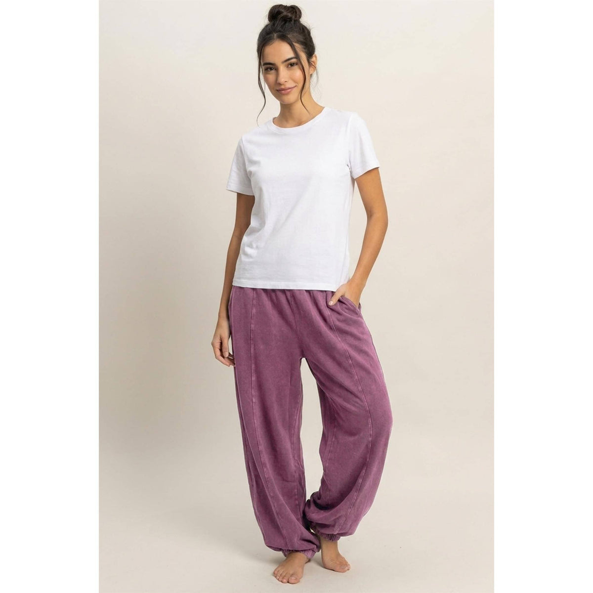 Mineral Wash Elastic Waist Jogger Pants: DARK CHERRY