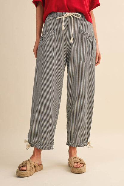 STRIPED PARACHUTE PANTS: DENIM STRIPE