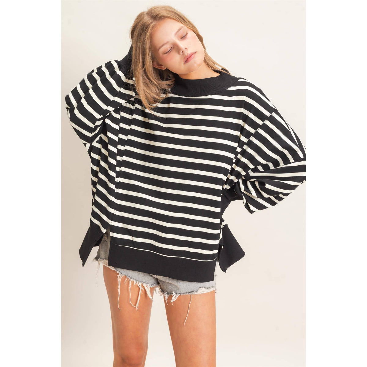 Striped Mock Neck Sweatshirt: BLACK/CREAM