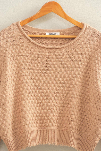 Textured Round Neck Long Sleeve Sweater: DARK TAUPE