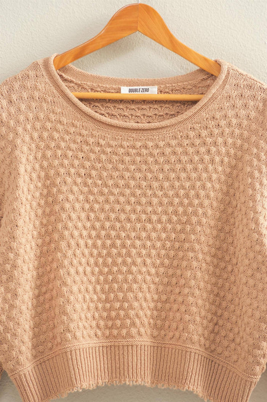 Textured Round Neck Long Sleeve Sweater: DARK TAUPE