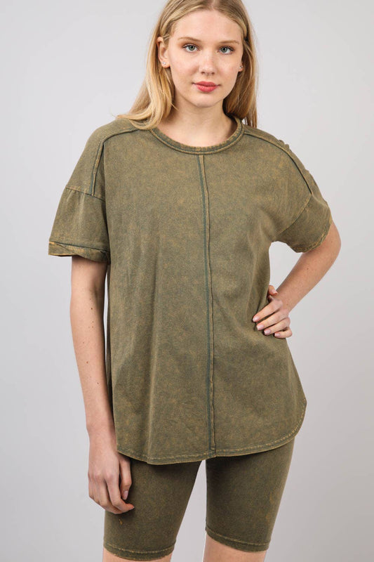 Washed Stretchy Knit Activewear Top & Shorts