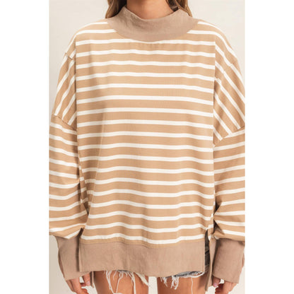 Striped Mock Neck Sweatshirt: TAUPE/CREAM